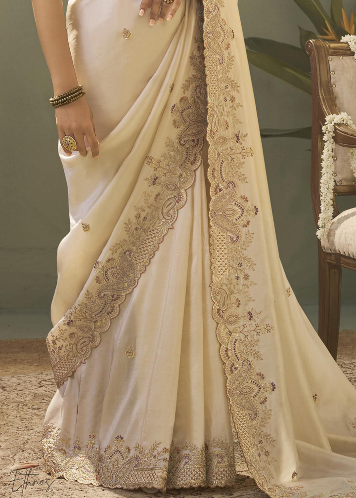 Antique Ivory Woven Scallop Border Upada Silk Saree