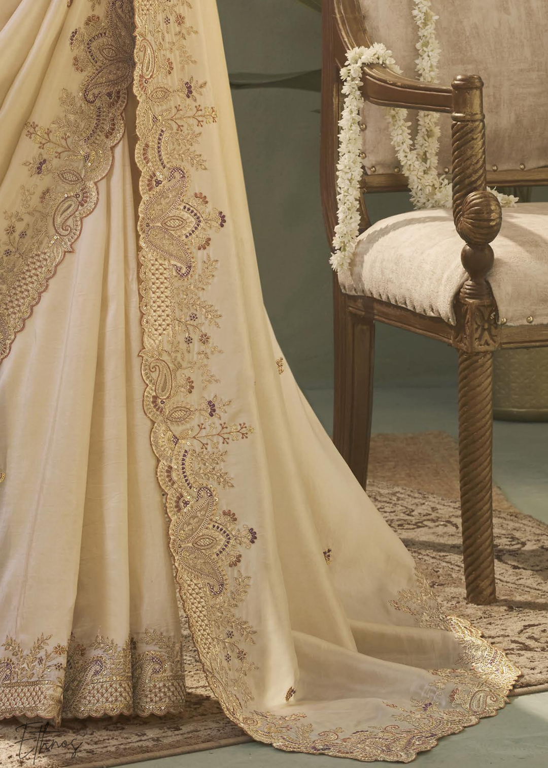 Antique Ivory Woven Scallop Border Upada Silk Saree