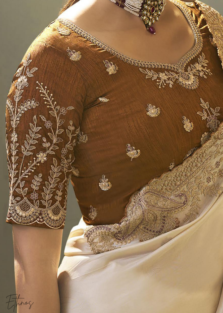 Antique Ivory Woven Scallop Border Upada Silk Saree