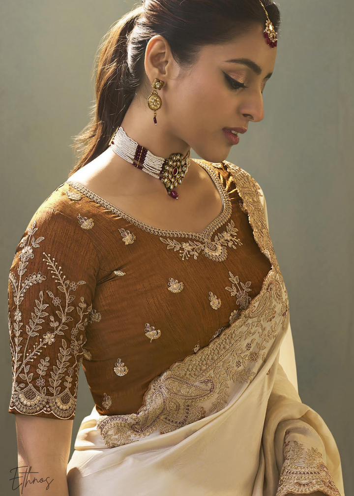 Antique Ivory Woven Scallop Border Upada Silk Saree