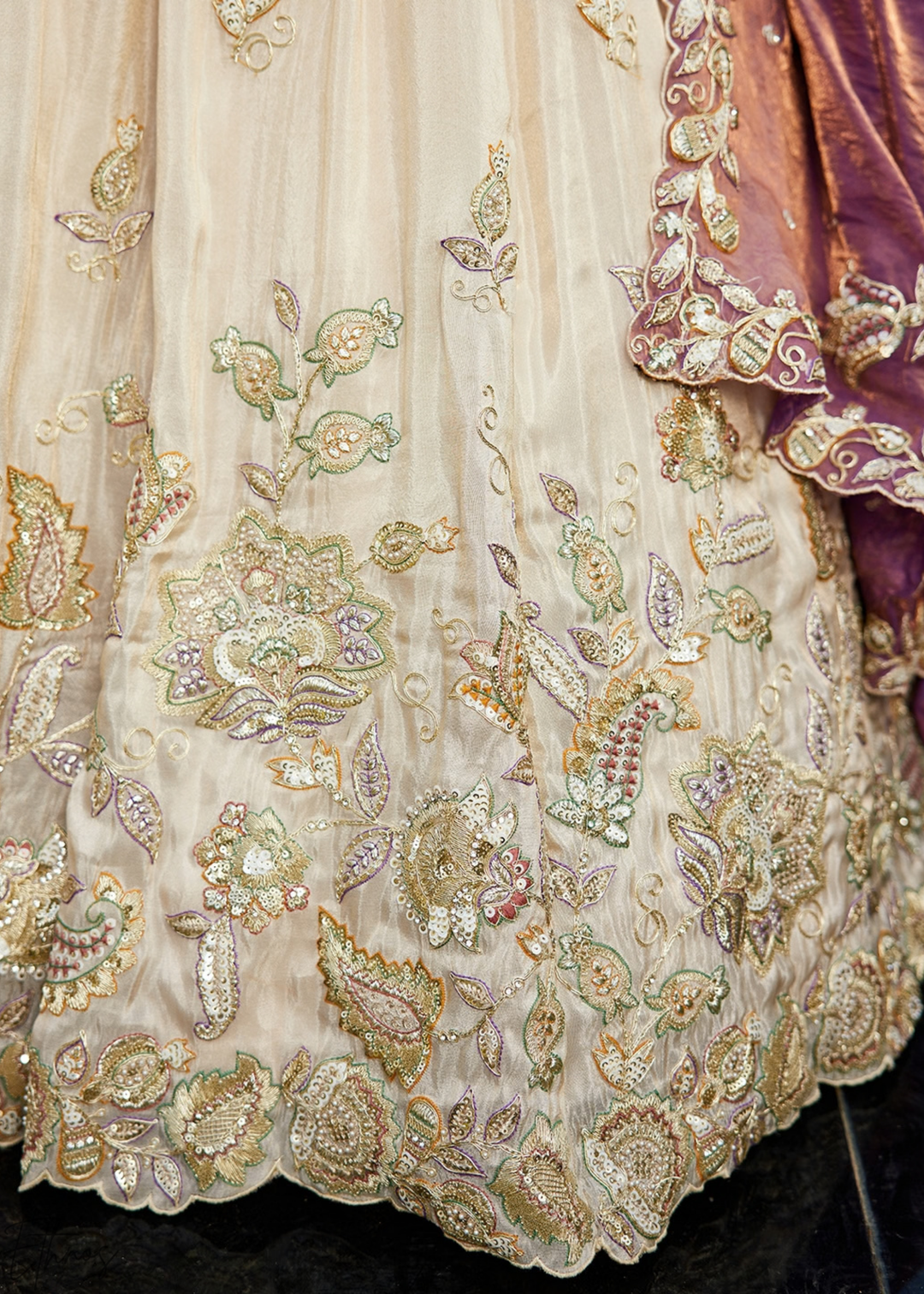 Antique Ivory and Mauve Orchid Radiant Blossom Tissue Lehenga