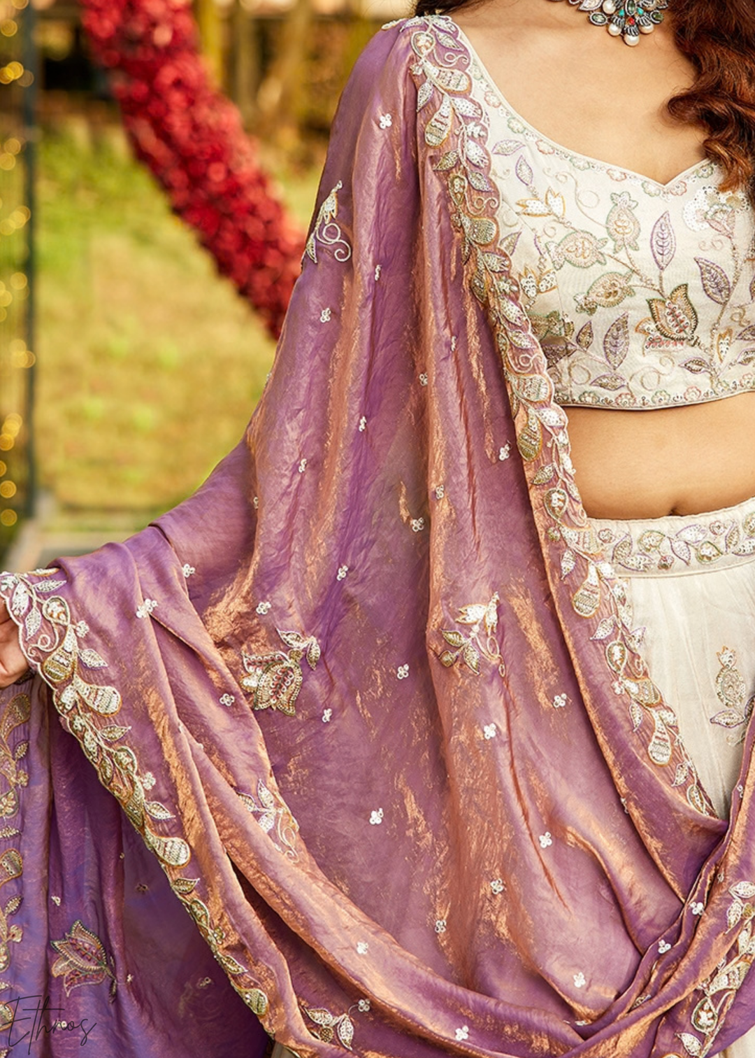Antique Ivory and Mauve Orchid Radiant Blossom Tissue Lehenga
