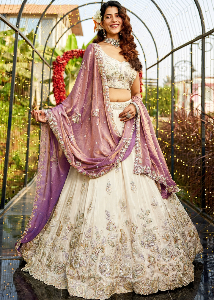 Antique Ivory and Mauve Orchid Radiant Blossom Tissue Lehenga