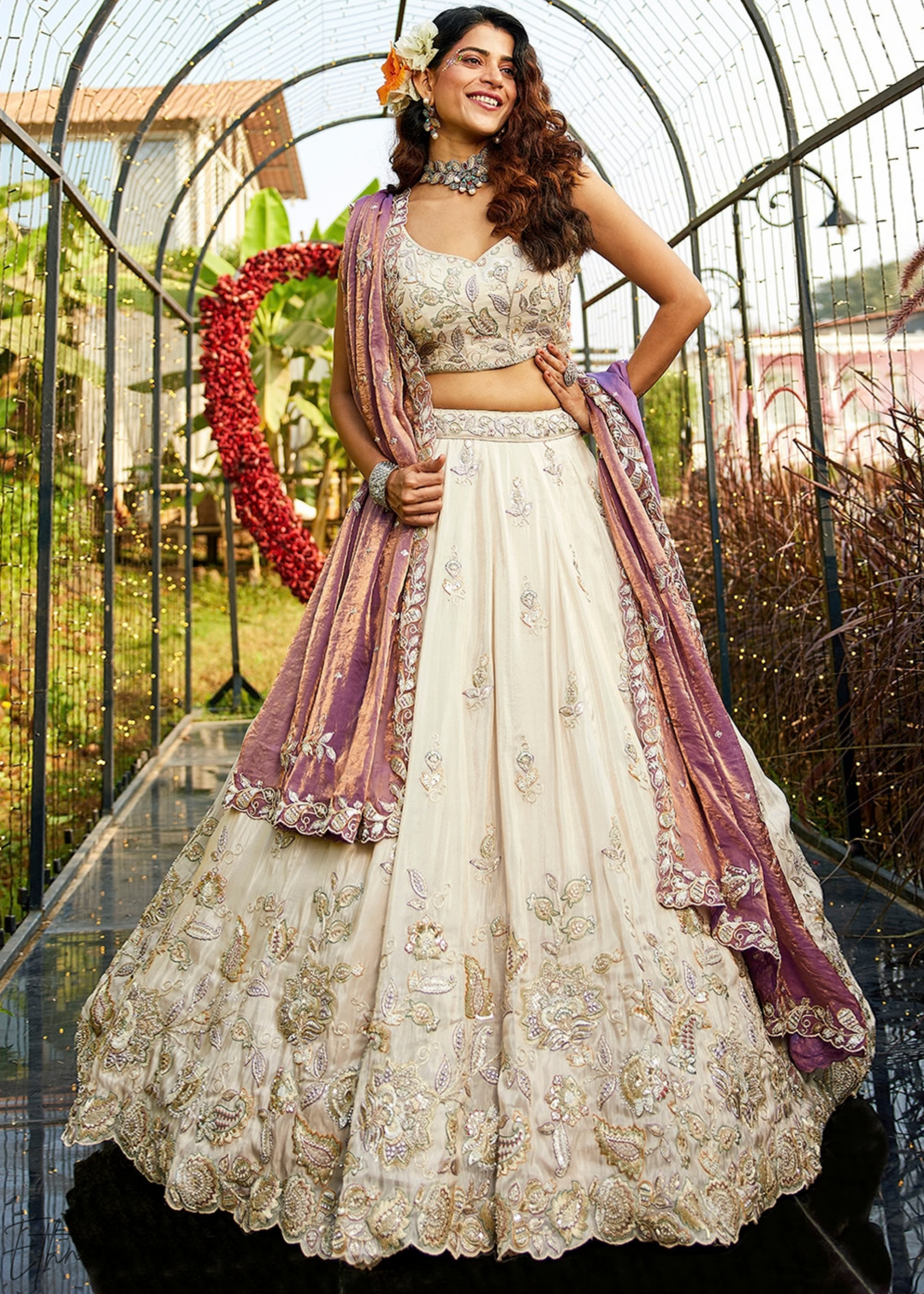 Antique Ivory and Mauve Orchid Radiant Blossom Tissue Lehenga