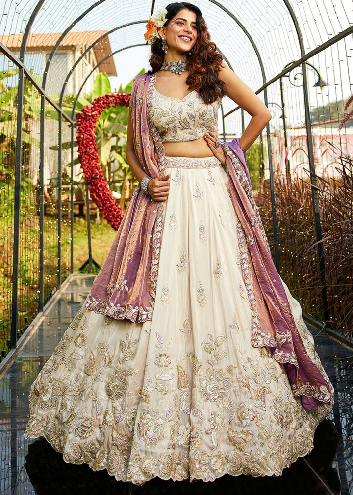 Antique Ivory and Mauve Orchid Radiant Blossom Tissue Lehenga