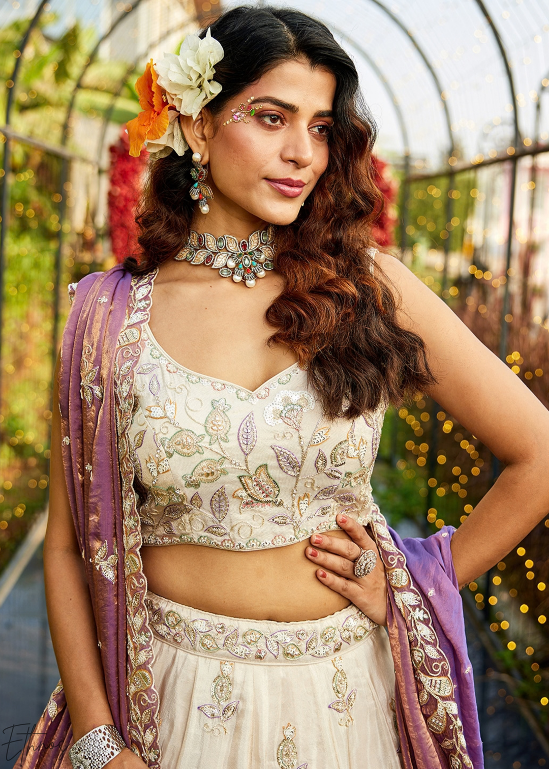 Antique Ivory and Mauve Orchid Radiant Blossom Tissue Lehenga