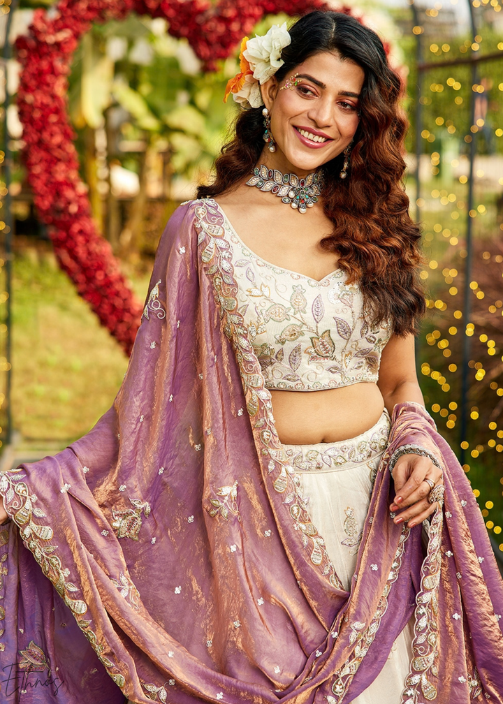 Antique Ivory and Mauve Orchid Radiant Blossom Tissue Lehenga