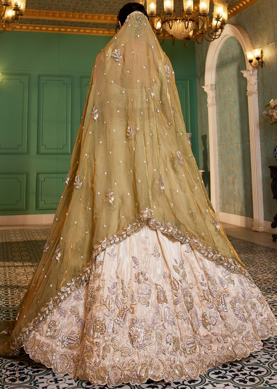 Antique Ivory and Olive Gold Radiant Blossom Tissue Lehenga