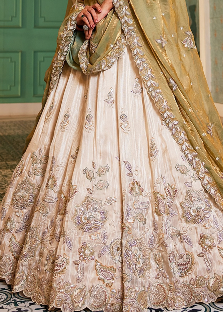 Antique Ivory and Olive Gold Radiant Blossom Tissue Lehenga