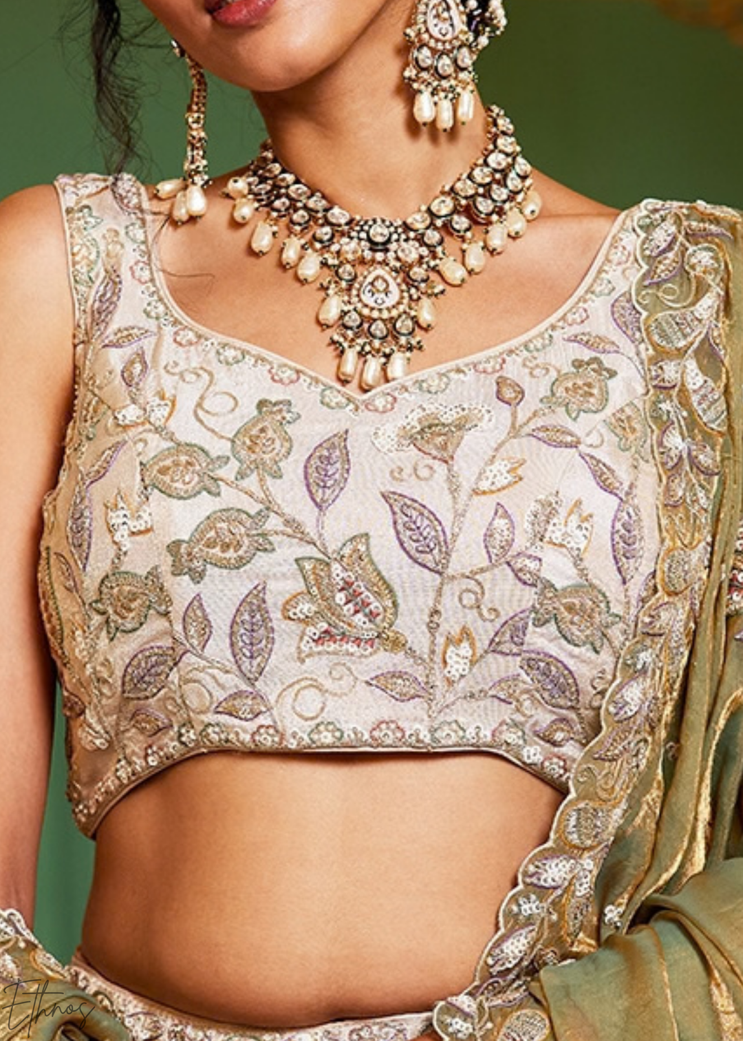 Antique Ivory and Olive Gold Radiant Blossom Tissue Lehenga