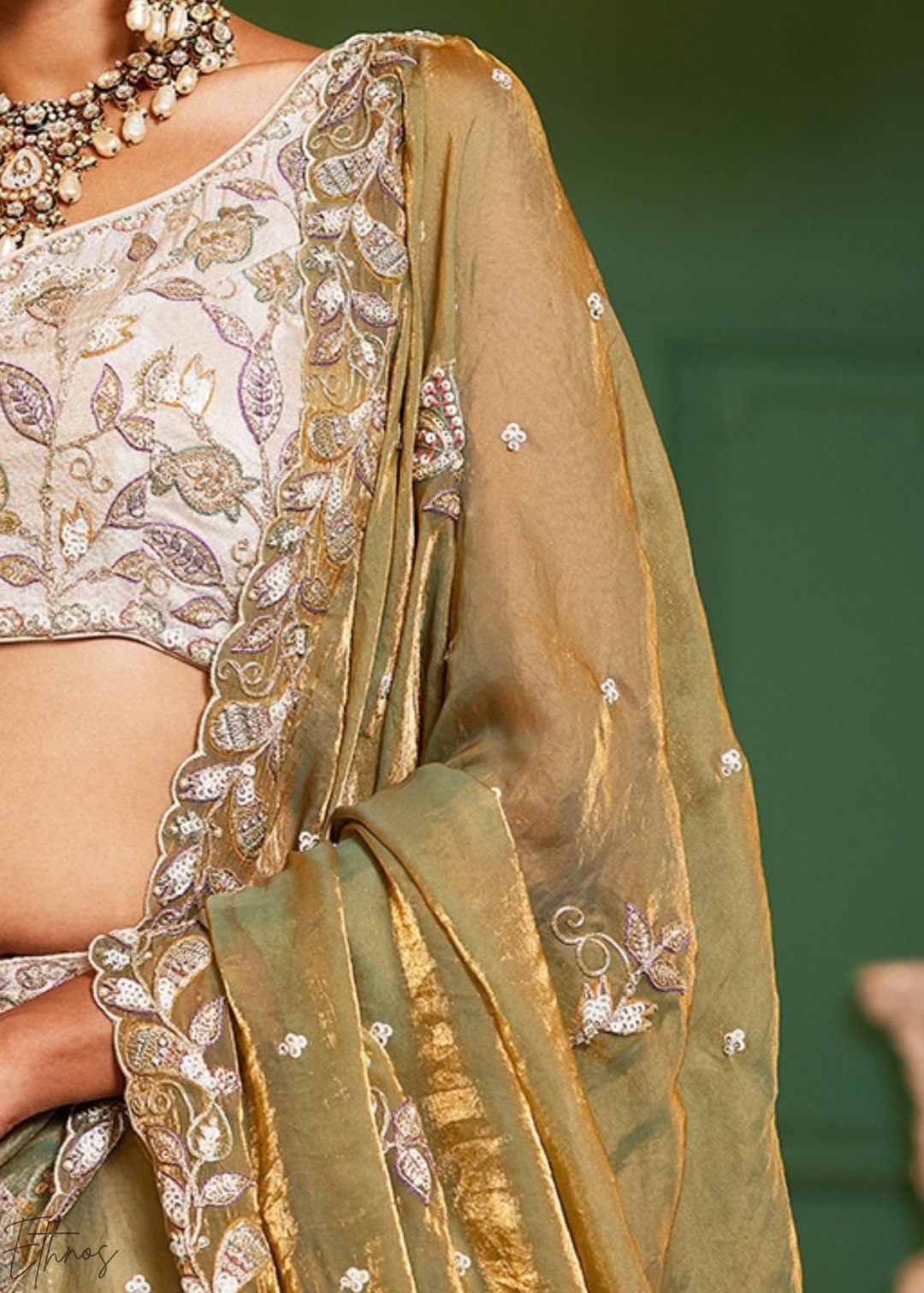 Antique Ivory and Olive Gold Radiant Blossom Tissue Lehenga