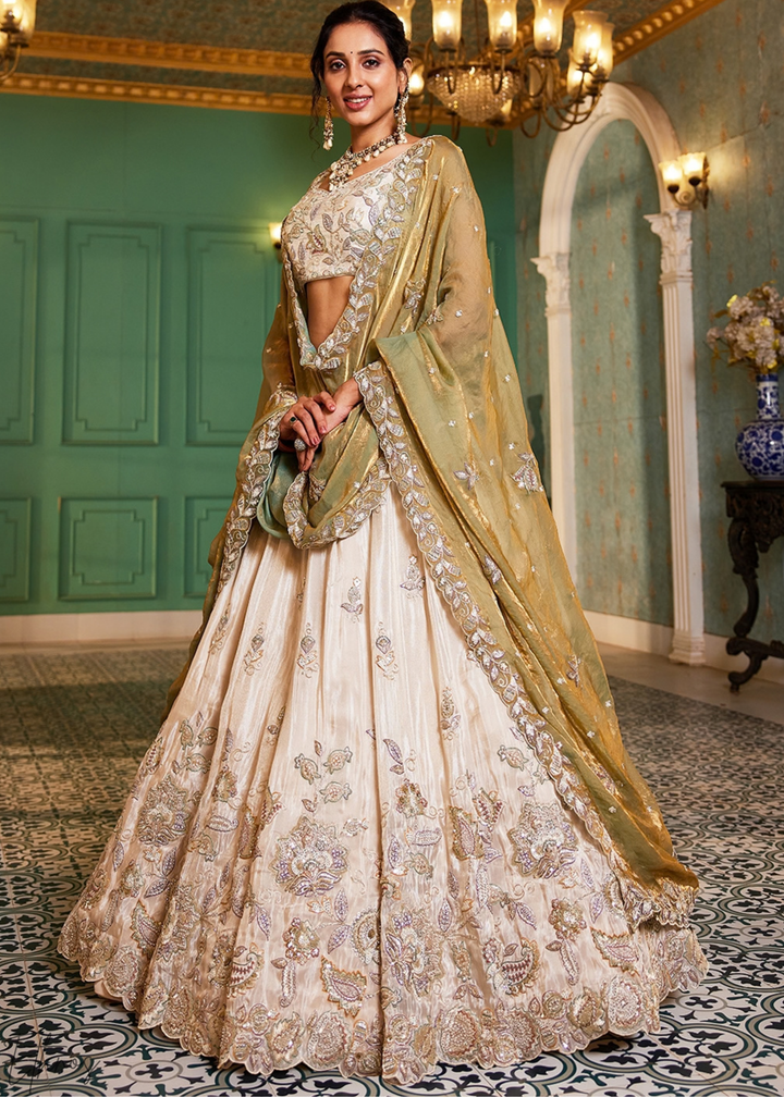 Antique Ivory and Olive Gold Radiant Blossom Tissue Lehenga