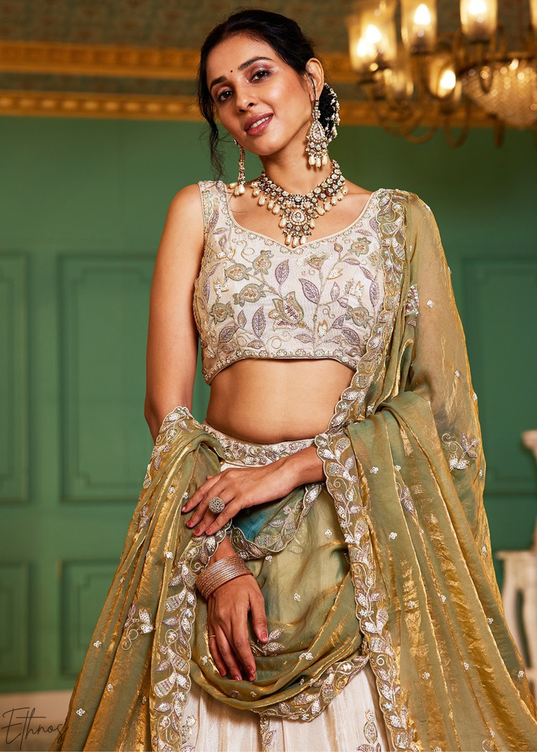 Antique Ivory and Olive Gold Radiant Blossom Tissue Lehenga