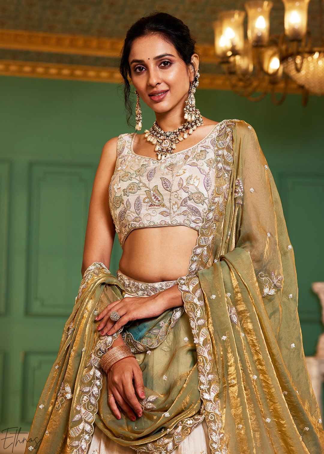 Antique Ivory and Olive Gold Radiant Blossom Tissue Lehenga