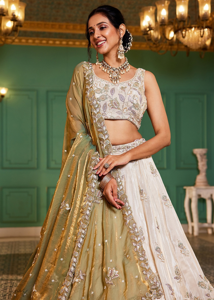 Antique Ivory and Olive Gold Radiant Blossom Tissue Lehenga