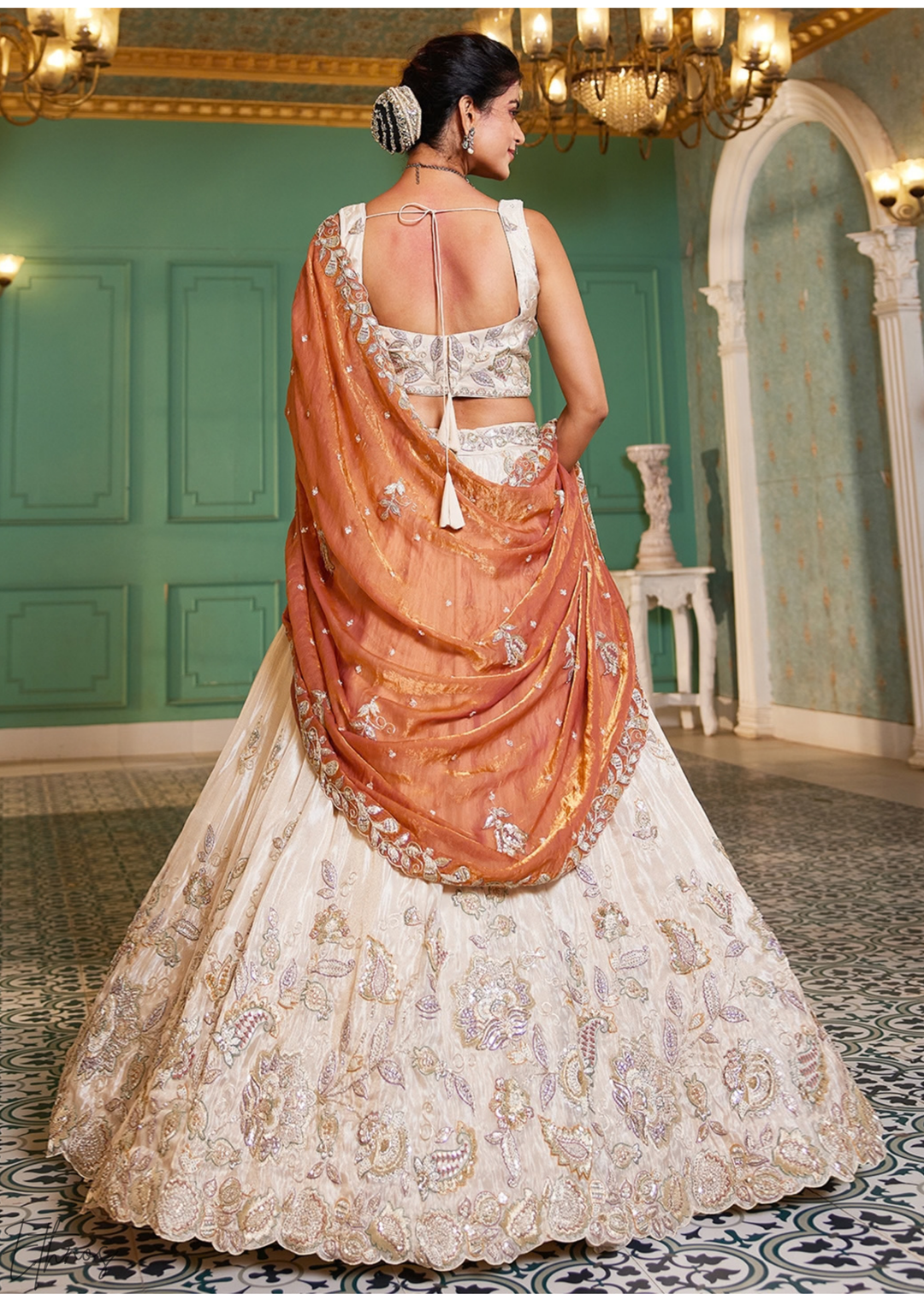 Antique Ivory and Rust Copper Radiant Blossom Tissue Lehenga