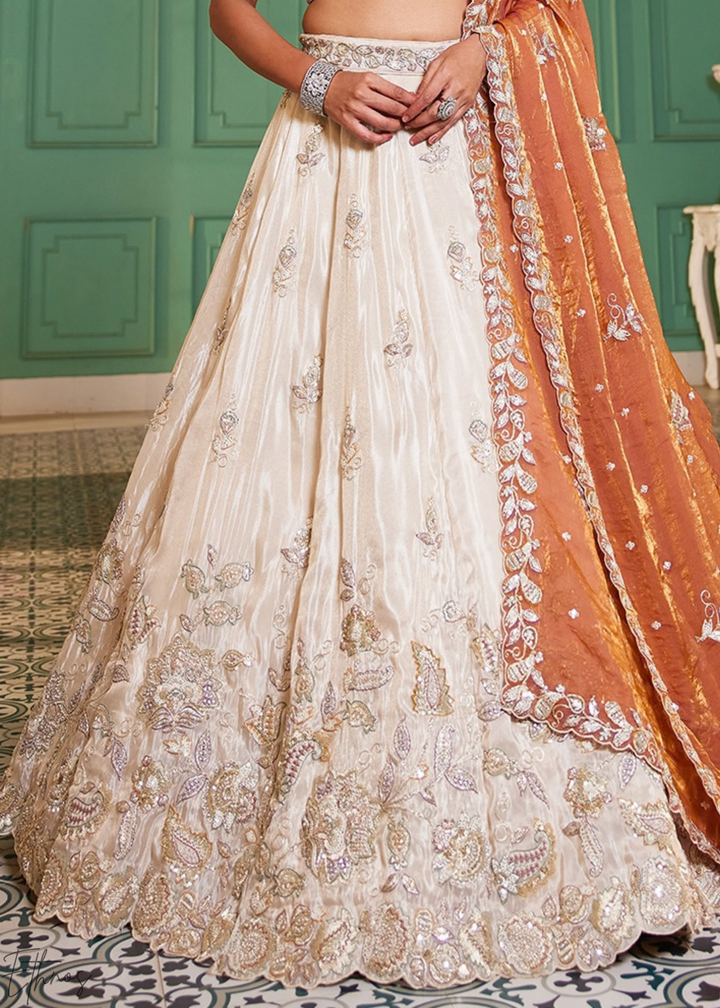 Antique Ivory and Rust Copper Radiant Blossom Tissue Lehenga