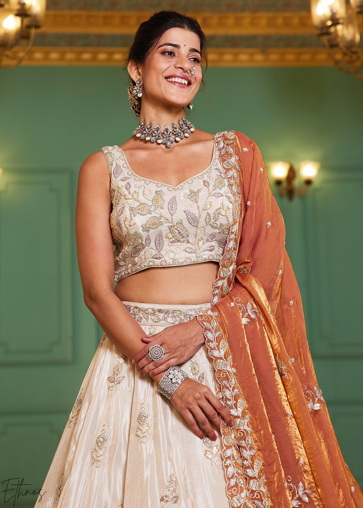 Antique Ivory and Rust Copper Radiant Blossom Tissue Lehenga