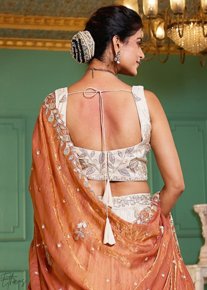 Antique Ivory and Rust Copper Radiant Blossom Tissue Lehenga