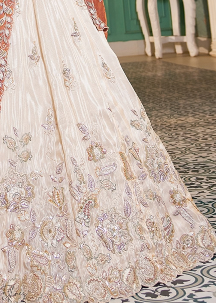 Antique Ivory and Rust Copper Radiant Blossom Tissue Lehenga