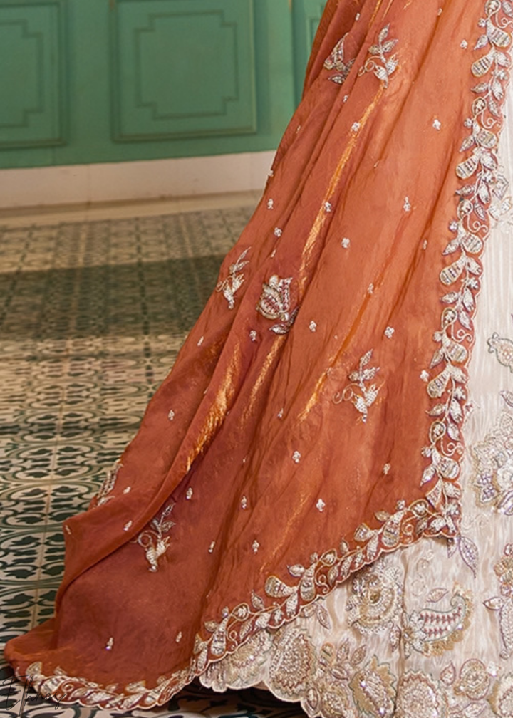 Antique Ivory and Rust Copper Radiant Blossom Tissue Lehenga