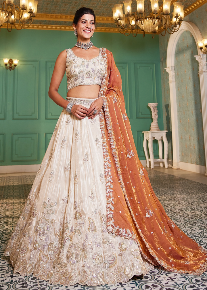Antique Ivory and Rust Copper Radiant Blossom Tissue Lehenga