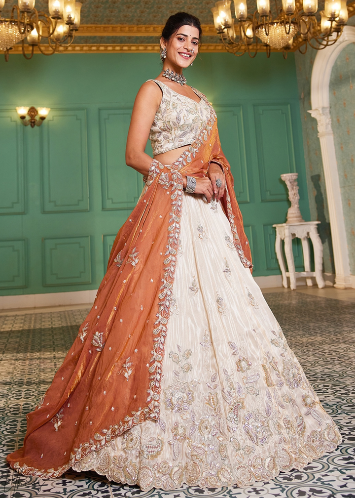 Antique Ivory and Rust Copper Radiant Blossom Tissue Lehenga