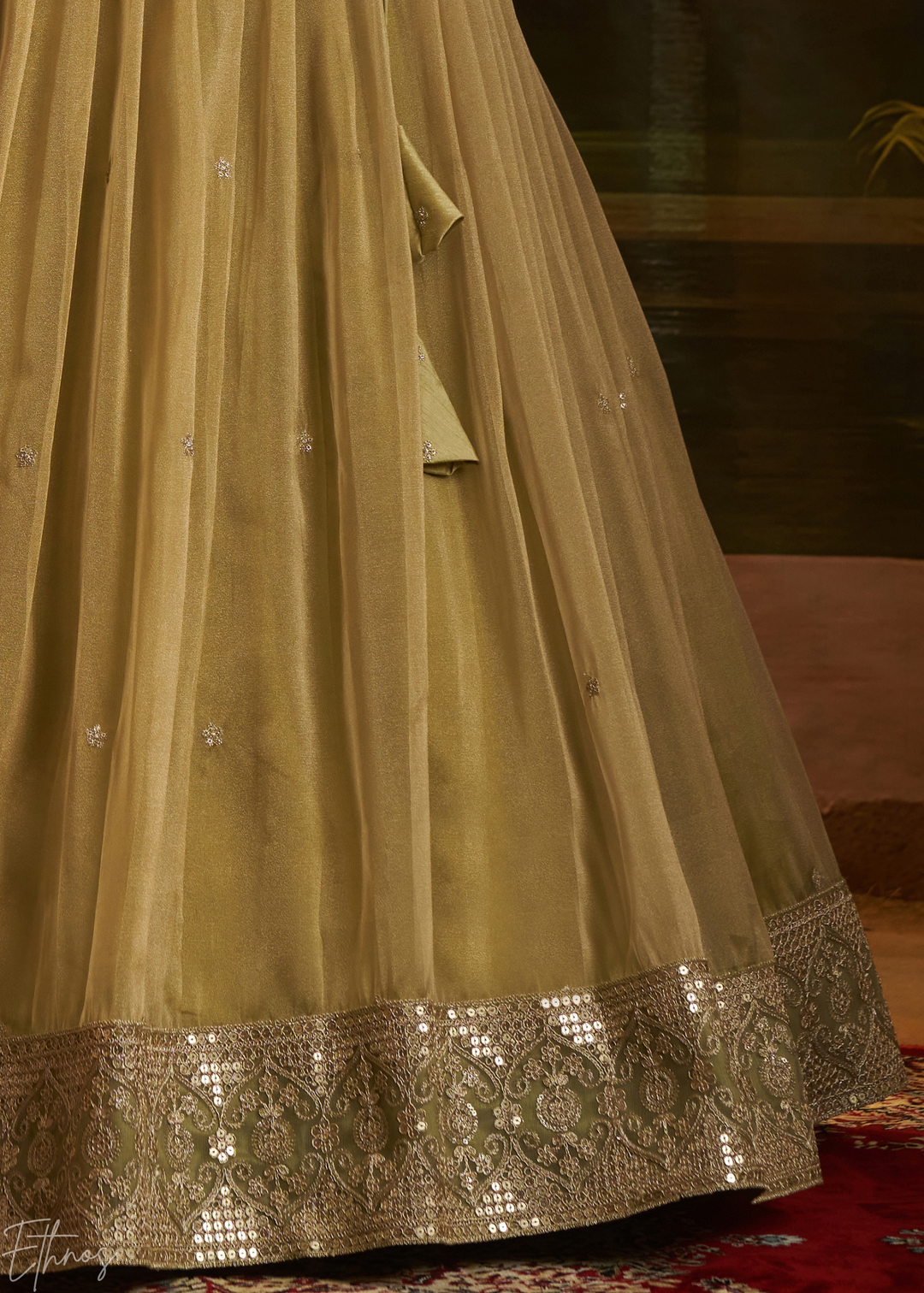Antique Olive Sequin-Embellished Organza Lehenga Set