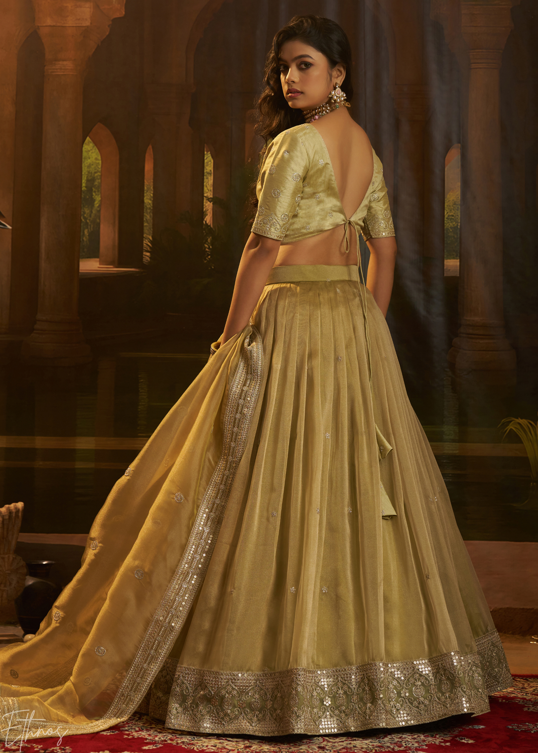 Antique Olive Sequin-Embellished Organza Lehenga Set