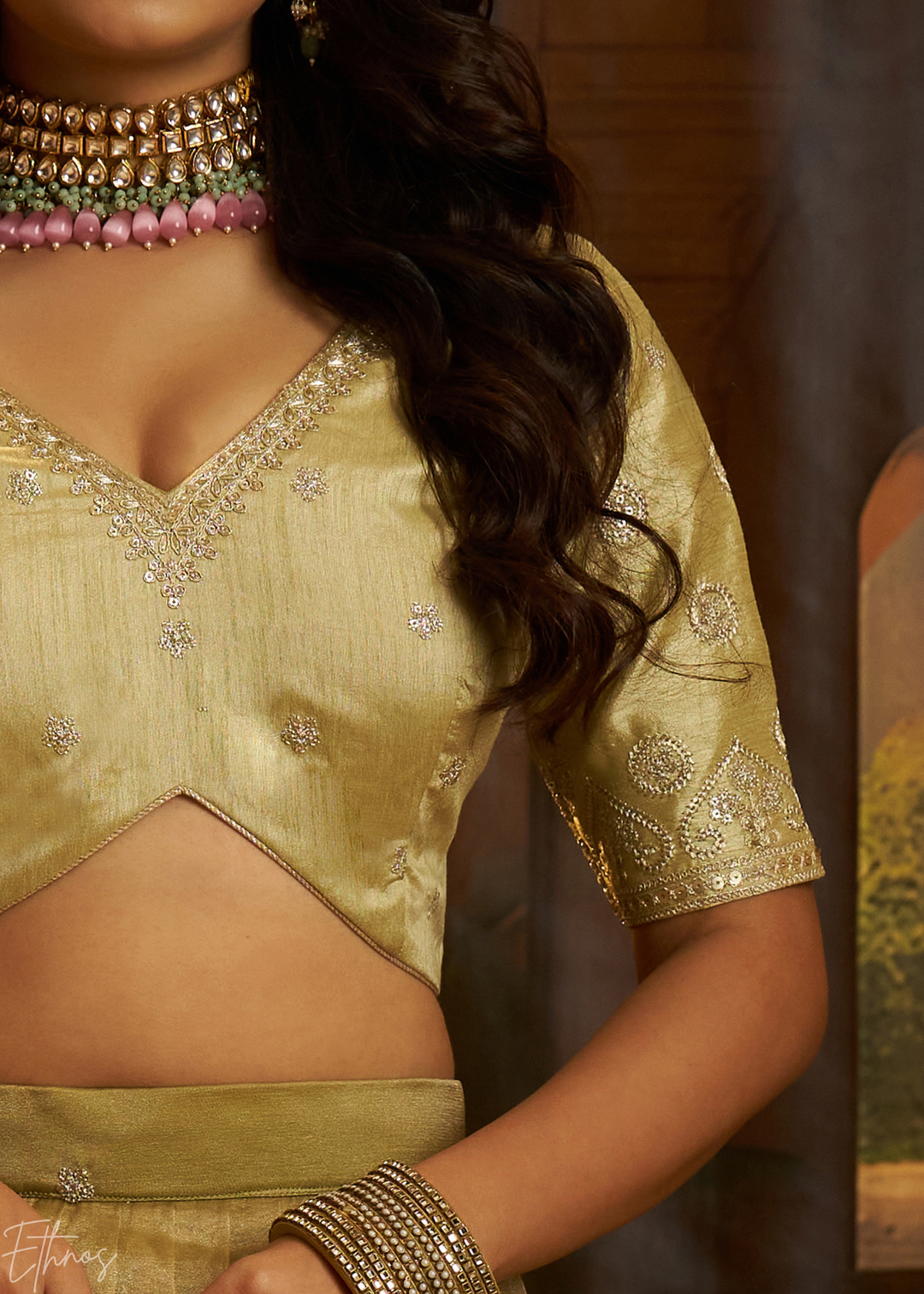 Antique Olive Sequin-Embellished Organza Lehenga Set