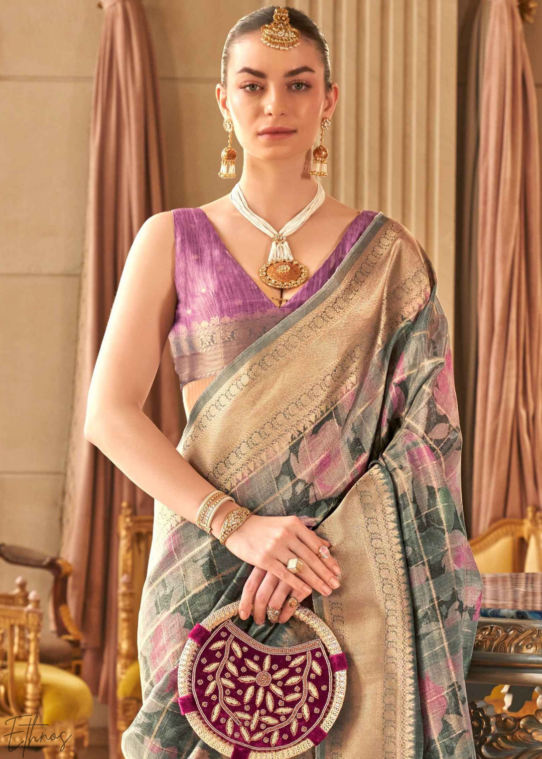 Antique Teal Festive-Print Poly-Viscose Silk Saree