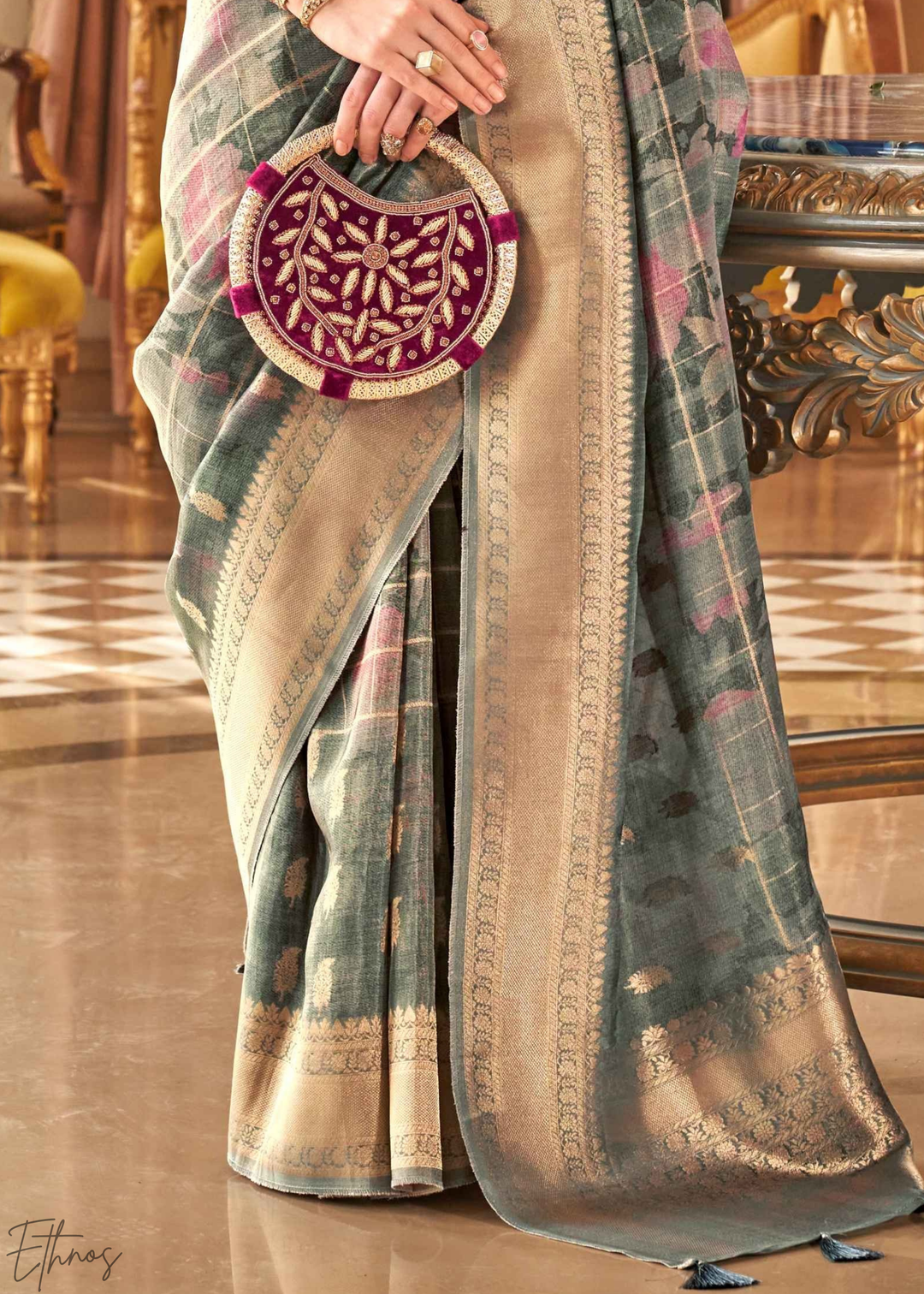 Antique Teal Festive-Print Poly-Viscose Silk Saree