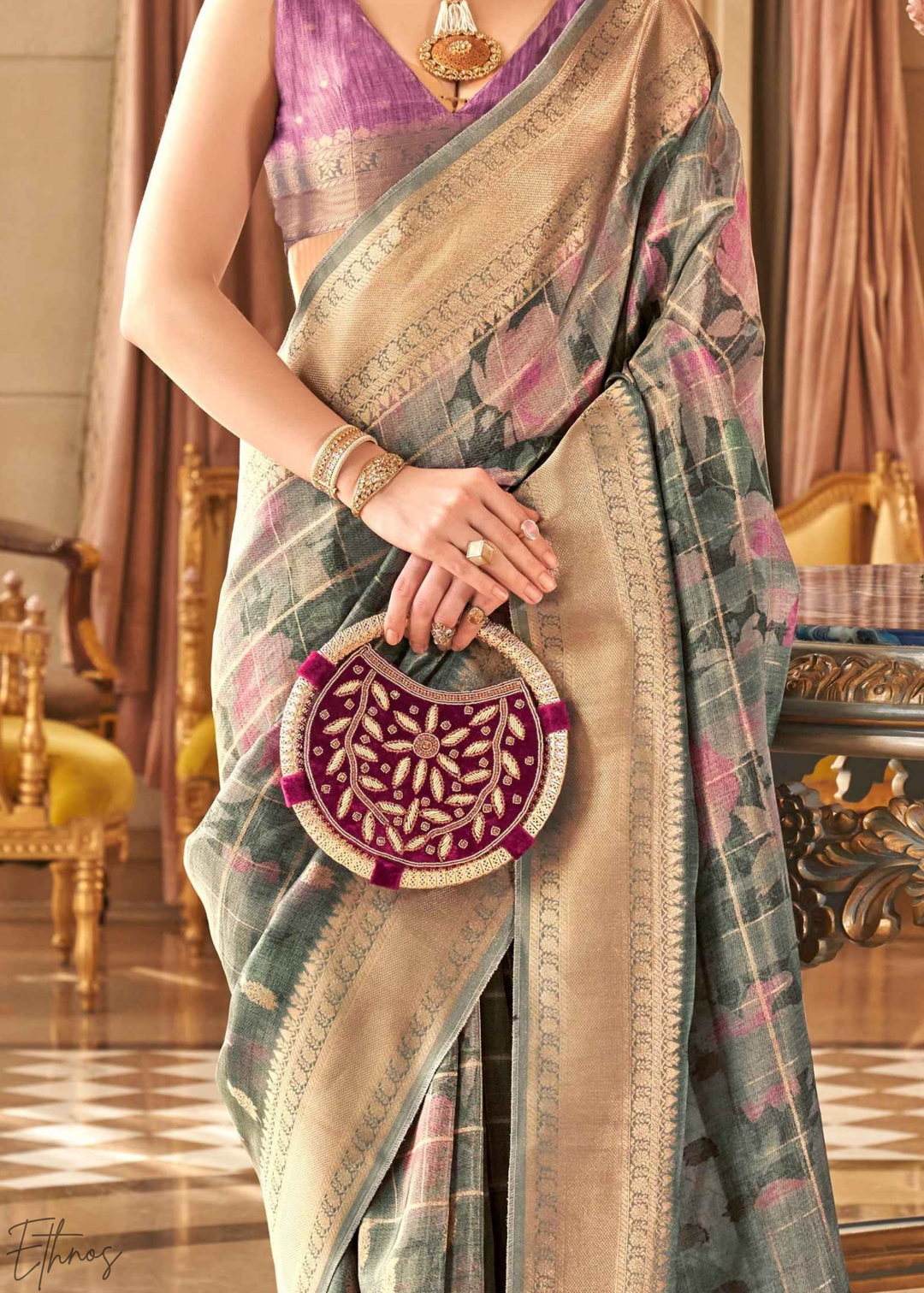 Antique Teal Festive-Print Poly-Viscose Silk Saree