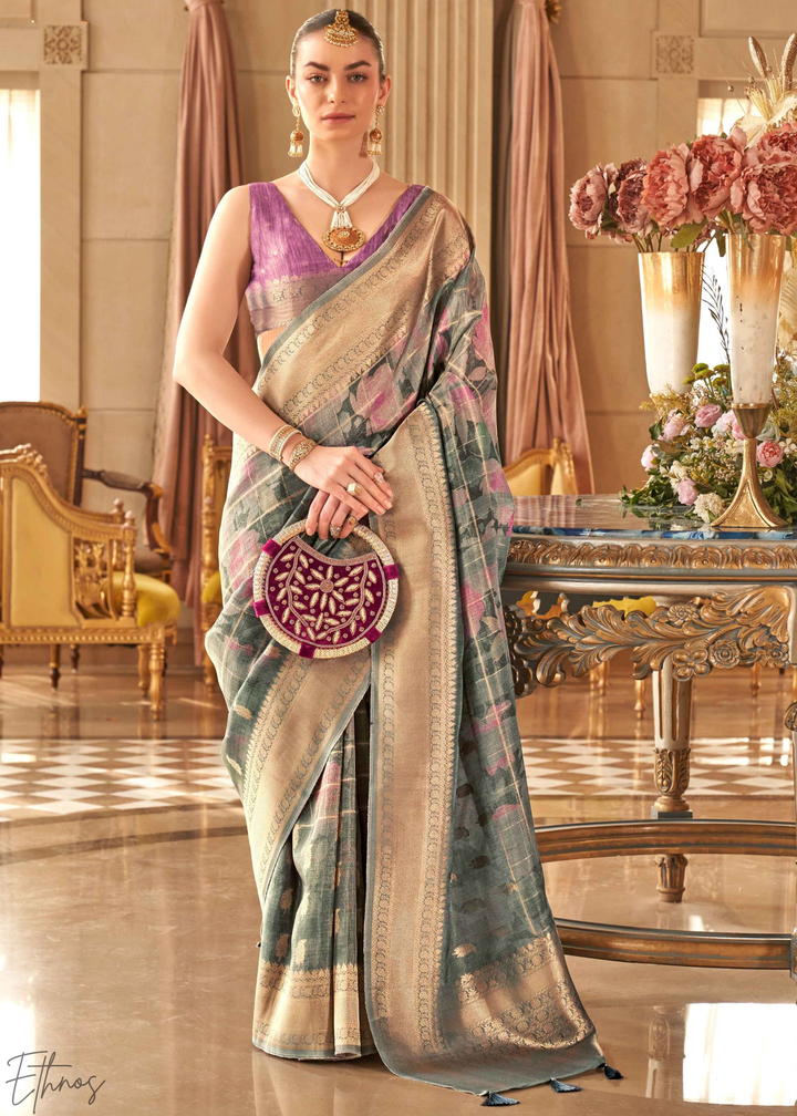 Antique Teal Festive-Print Poly-Viscose Silk Saree