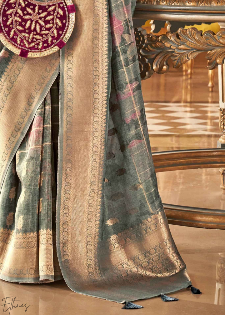 Antique Teal Festive-Print Poly-Viscose Silk Saree