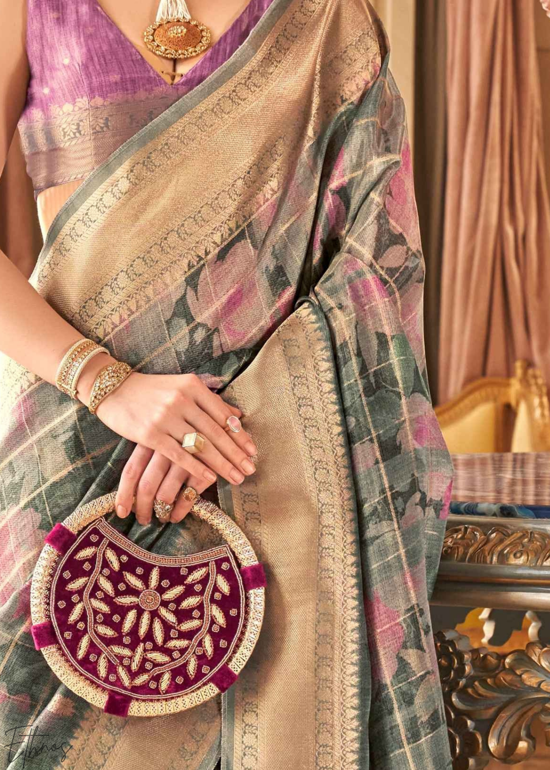 Antique Teal Festive-Print Poly-Viscose Silk Saree