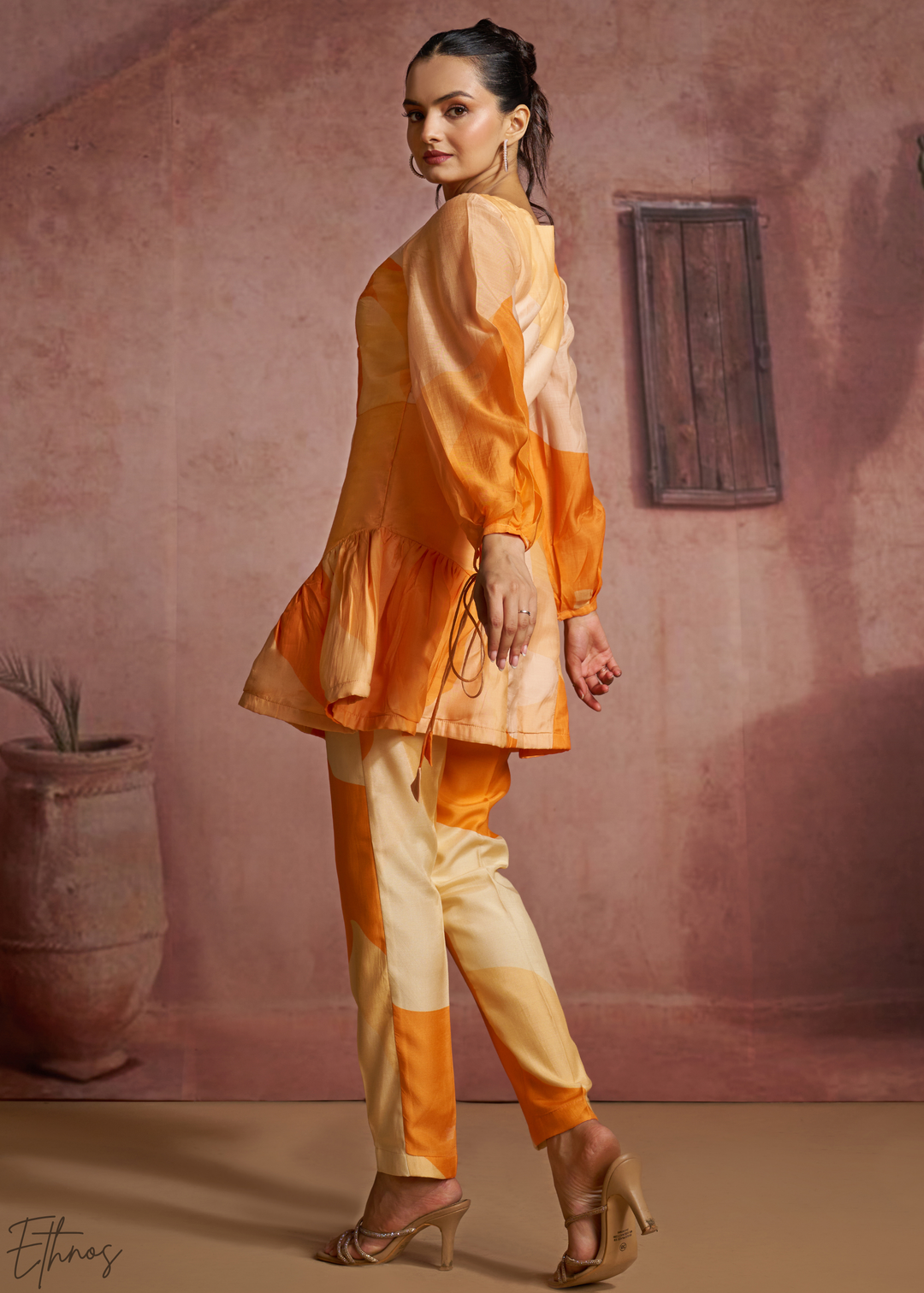 Apricot Geometric Patchwork Peplum Co-Ord Pant Set