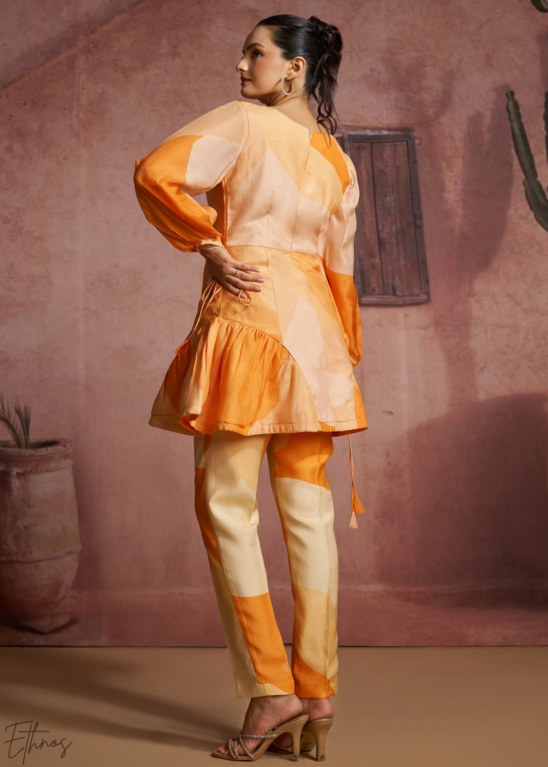 Apricot Geometric Patchwork Peplum Co-Ord Pant Set