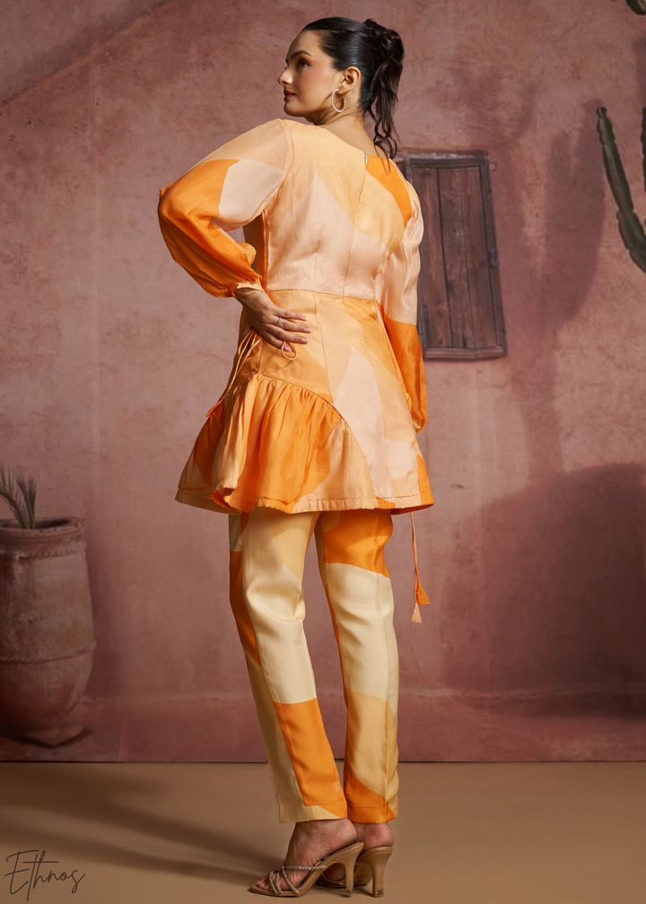 Apricot Geometric Patchwork Peplum Co-Ord Pant Set