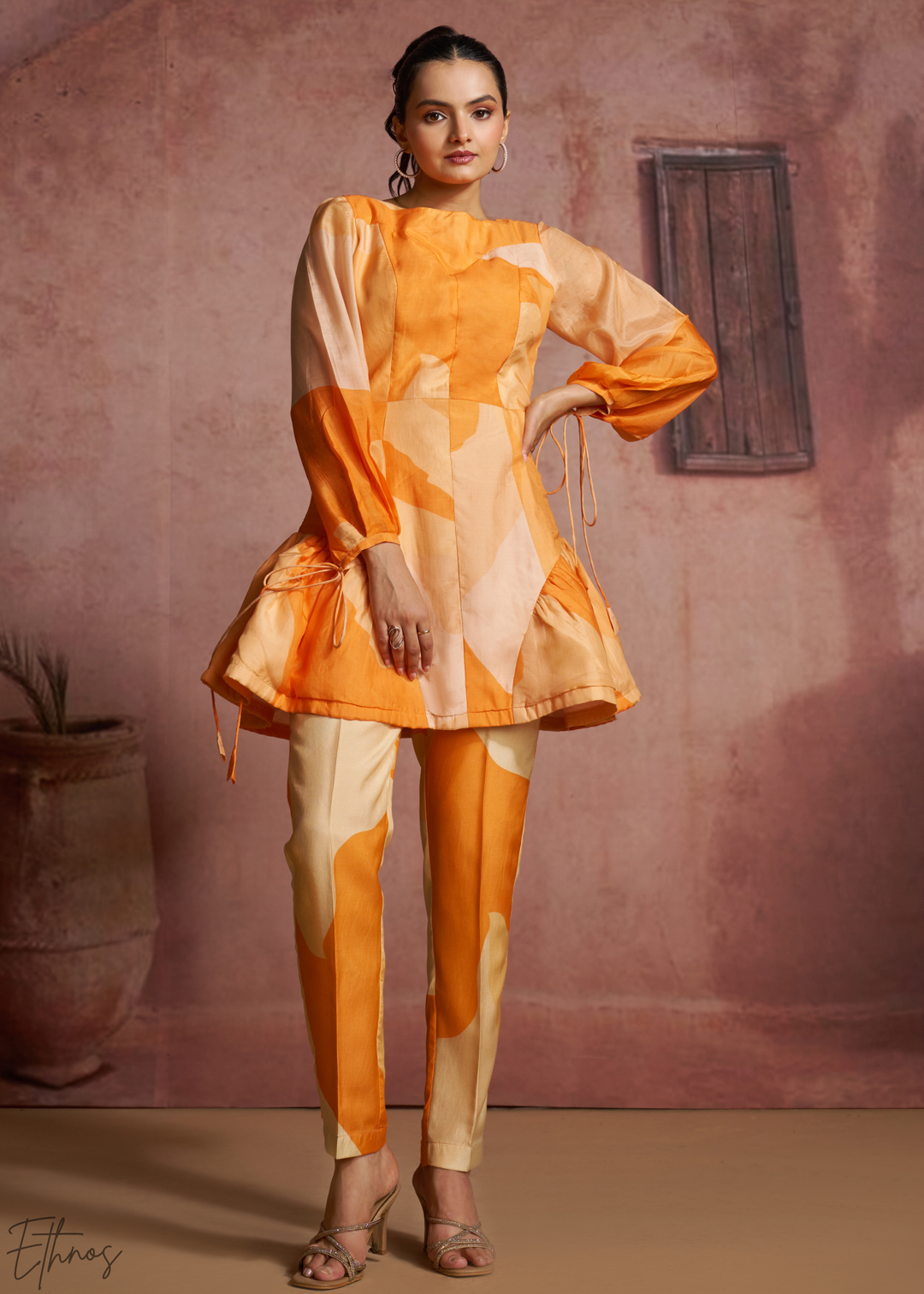Apricot Geometric Patchwork Peplum Co-Ord Pant Set