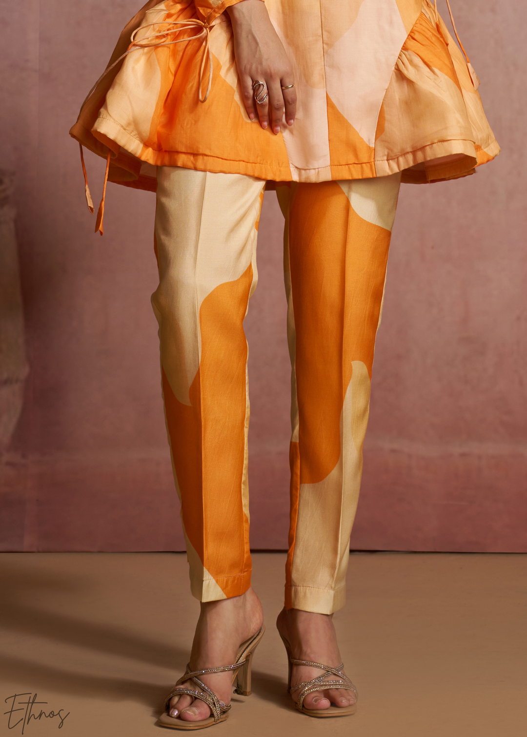 Apricot Geometric Patchwork Peplum Co-Ord Pant Set
