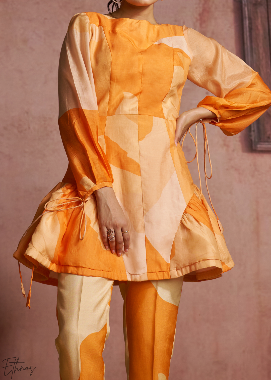 Apricot Geometric Patchwork Peplum Co-Ord Pant Set