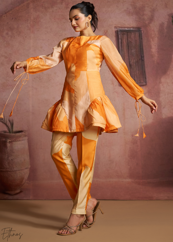 Apricot Geometric Patchwork Peplum Co-Ord Pant Set