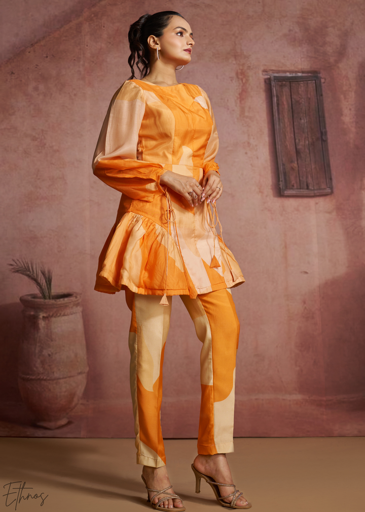 Apricot Geometric Patchwork Peplum Co-Ord Pant Set