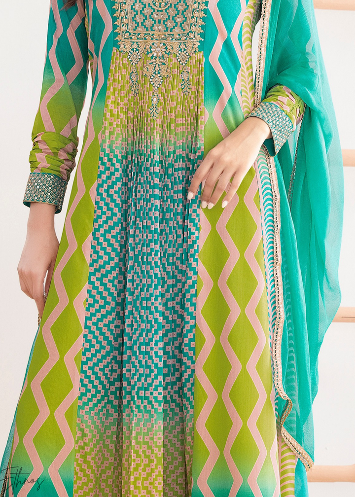 Aqua-Green Chevron Chinon Gown Suit