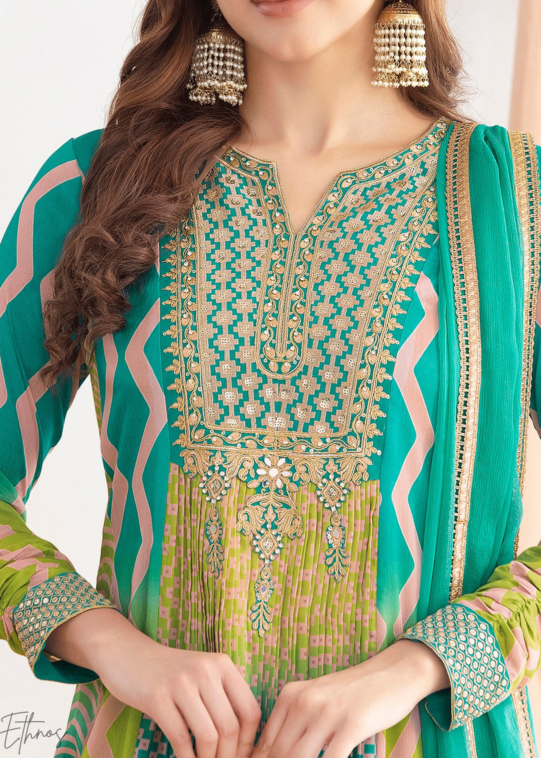 Aqua-Green Chevron Chinon Gown Suit