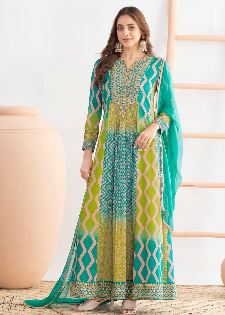Aqua-Green Chevron Chinon Gown Suit