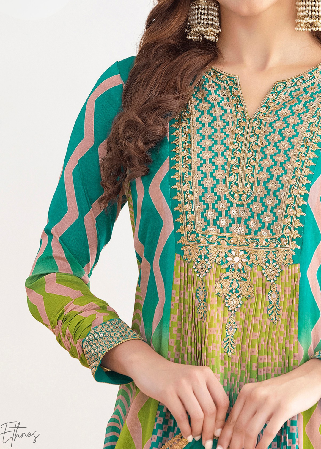 Aqua-Green Chevron Chinon Gown Suit