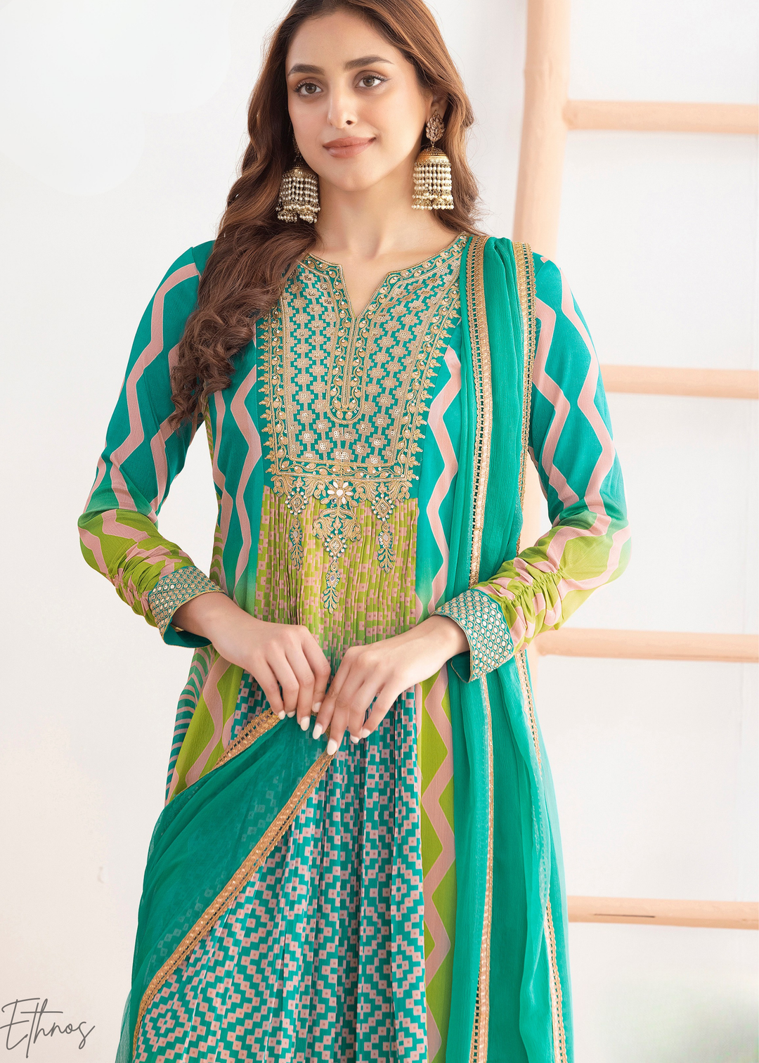 Aqua-Green Chevron Chinon Gown Suit