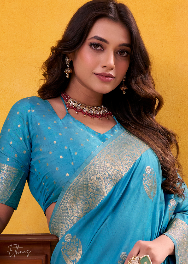 Aqua Blue Tusser Silk Saree